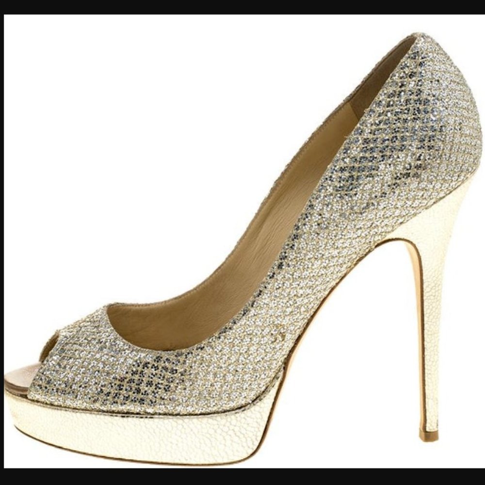 Jimmy Choo Luna Silver Leather Peep Toe Pump Shoes